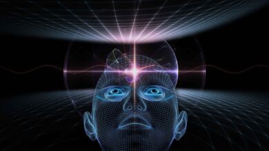 Artistic illustration of a human brain with spiritual energy radiating towards the universe, symbolizing how religion shapes personality traits.
