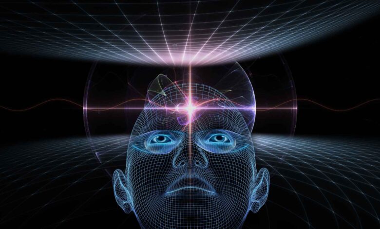 Artistic illustration of a human brain with spiritual energy radiating towards the universe, symbolizing how religion shapes personality traits.